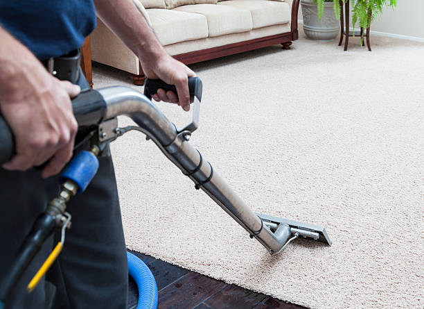 a man holding a carpet steam cleaning wand