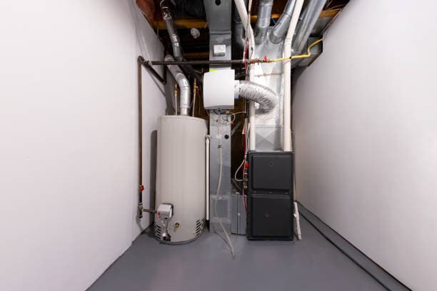 clean mechanical room with furnace and hot water tank