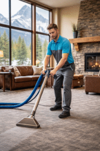 Professional commercial carpet cleaning in a Canmore hotel lobby by McKnight Cleaning technician