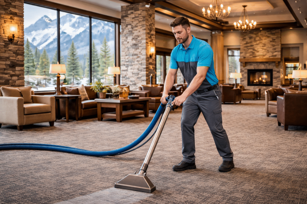 Commercial carpet cleaning in a Banff hotel lobby by McKnight Cleaning technician
